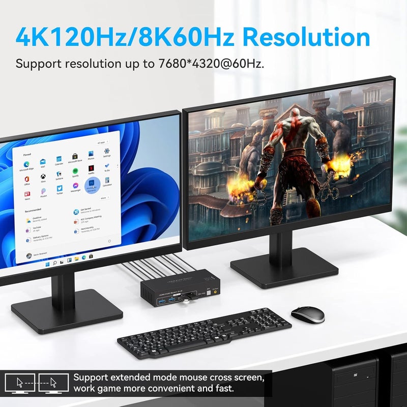 ATLAHET 8K HDMI KVM Switch 2 Monitors 2 Computers Support 8K 60Hz 4K 120Hz KVM Switcher for Two PC Share Dual Monitors and 4 USB 3.0 Devices Support Copy and Extend Mode with External Accessories - Image 4